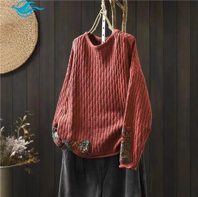 Winter Fall Fashion Vintage Sweater Women's O-neck Loose Casual Lazy-style Casual Pullover Flower Print Patchwork Knitwear