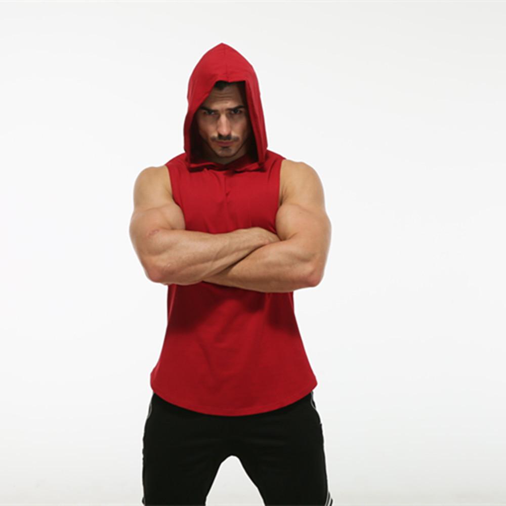 Men's Sleeveless Hooded Fitness Sweatshirt with Elastic Round Hem
