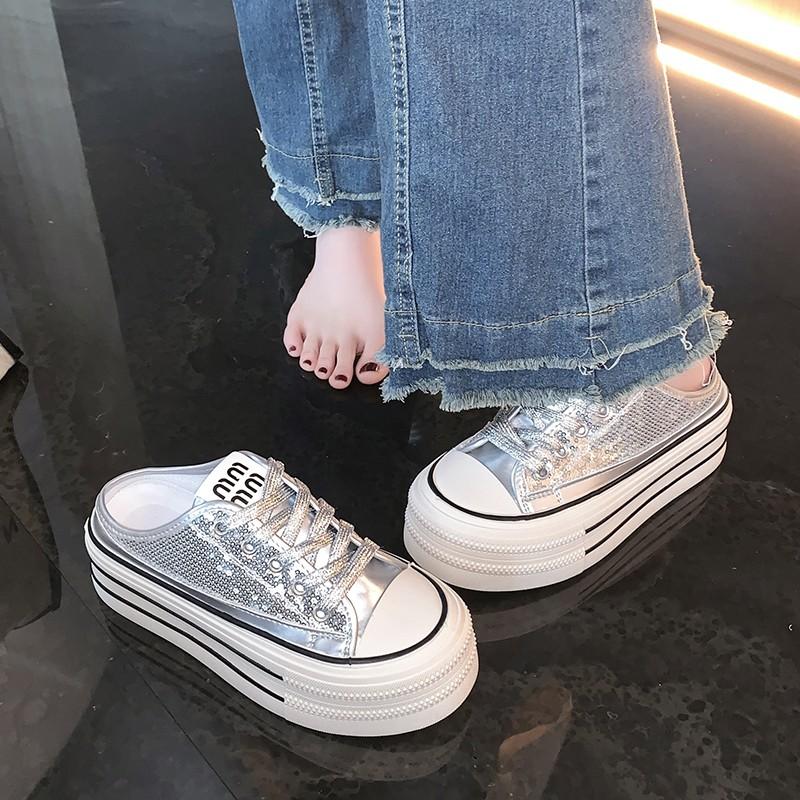 Mode 2024 Vår Höst Damtofflor Mode Baotou Halvtofflor Bär Ny Stil Muffin Snörning Casual Canvas Tofflor för Kvinnor