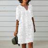 Female Beach Dress V Neck Half Sleeves Flower Embroidery Pullover Elegant Casual Wear White Color Women Summer Loose Casual Midi