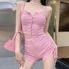 Lady's Two Piece Set Camisole Drawstring High Waist Shorts Solid Color