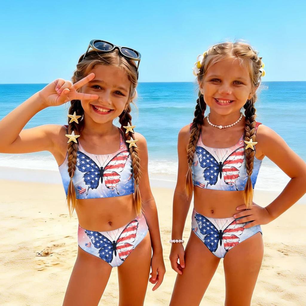 Conjunto de Bikini de Dos Piezas para Niñas, Top Tankini y Braguita, Ropa de Baño de Verano para Niños, Traje de Baño con Estampado del Día de la Independencia