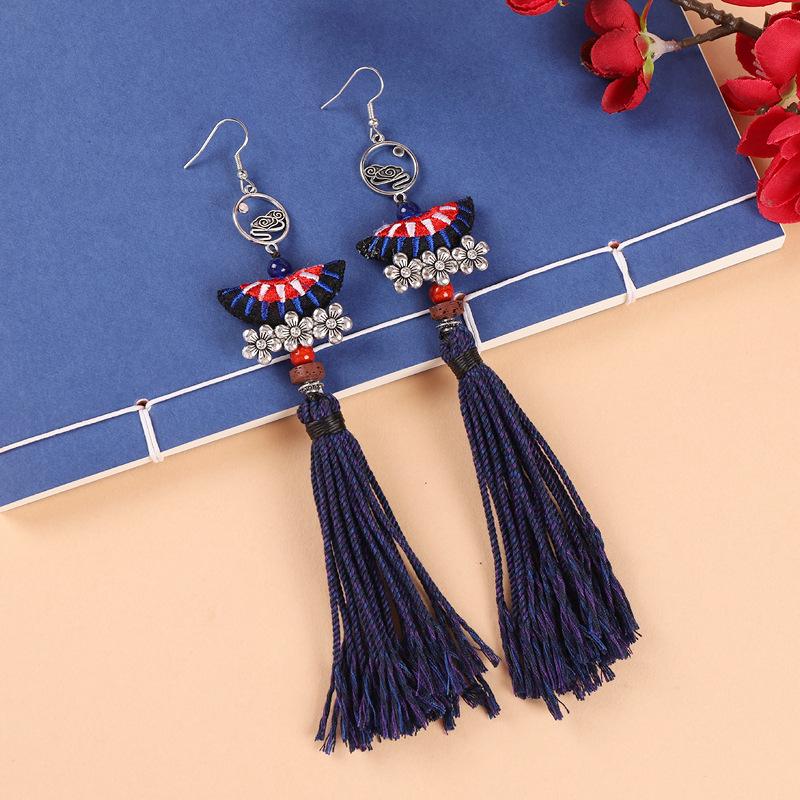 

Niche design embroidered fabric earrings Miao women s long tassel Chinese retro literary handmade earrings