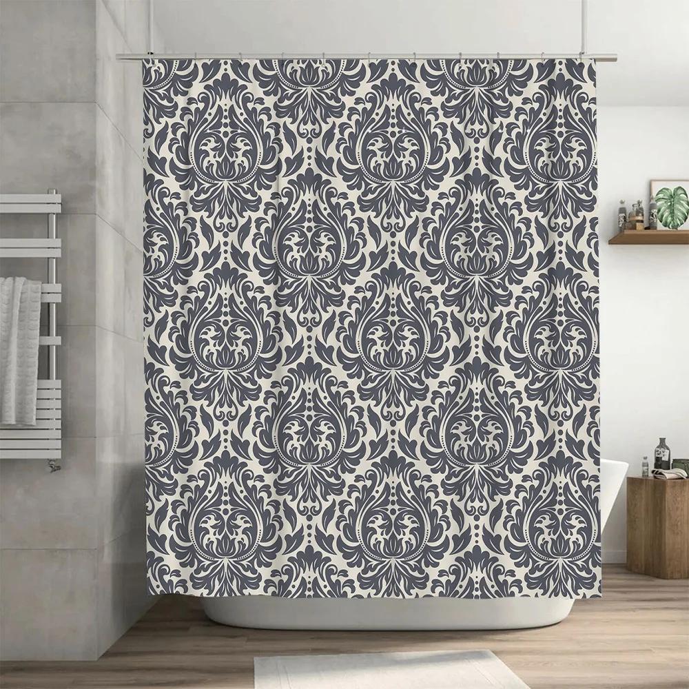Classy Damask Shower Curtain Dark Grey White Pattern for Bathroom Decor Waterproof Fabric Shower Panels with Rings Set