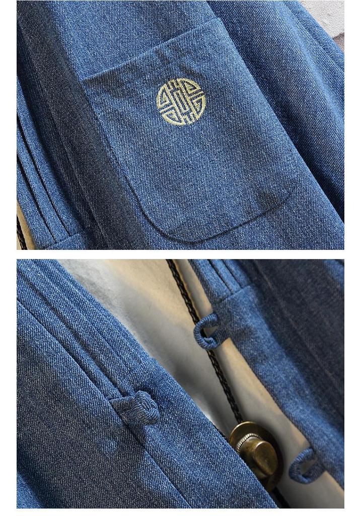 Herren Frühling Denim Tang Anzug Jacke mit chinesischen Froschknöpfen: Zen-inspirierte taoistische Hanfu-Robe