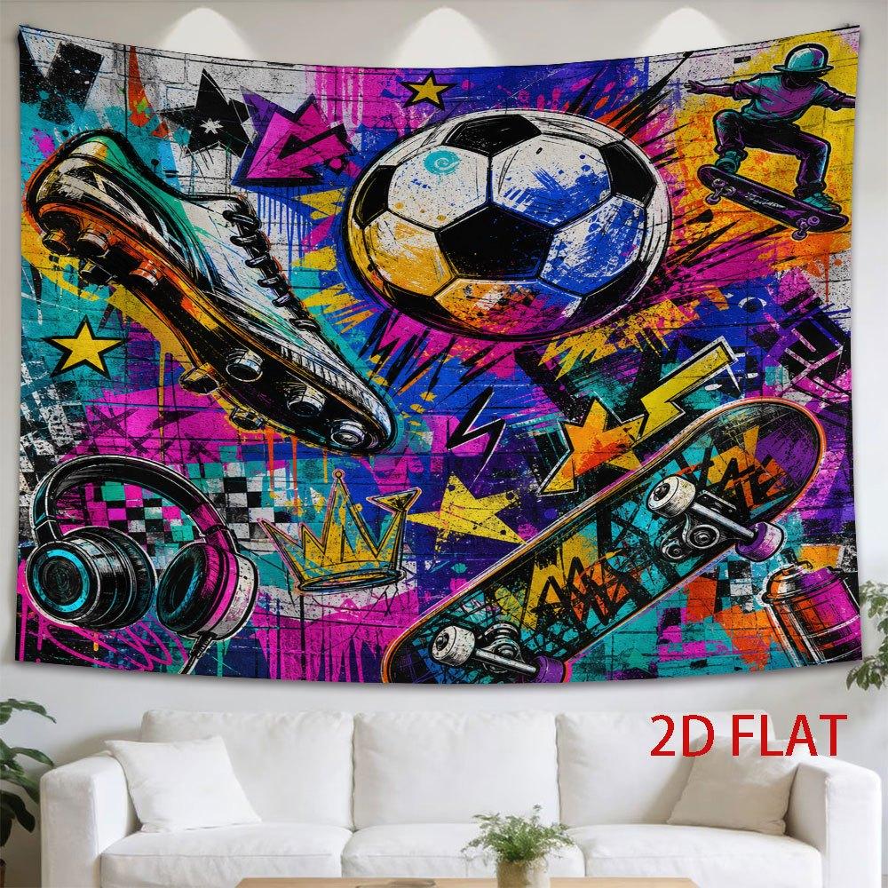 1pc Tapestry Street Art Collage Featuring Soccer Ball, Sneakers, Skateboard, Headphones, And Crown in Vibrant Graffiti Style