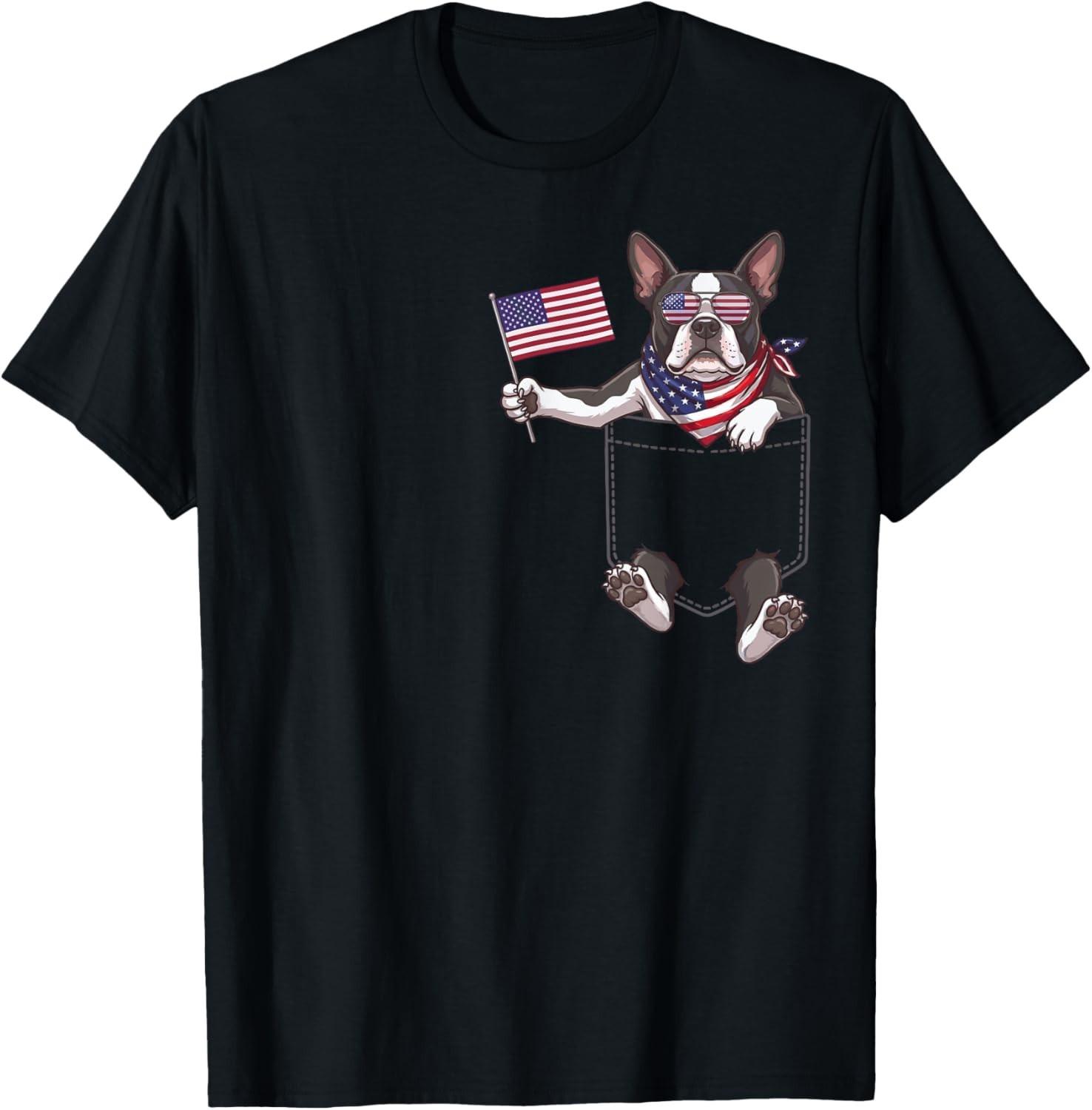 Boston Terrier Dog Pocket American Flag 4th of July Patriotic T-Shirt S