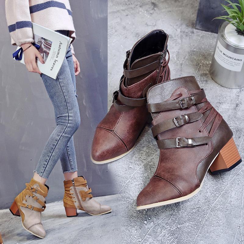 Buy New Large Size Women's Boots Frosted Belt Buckle Boots with Thick