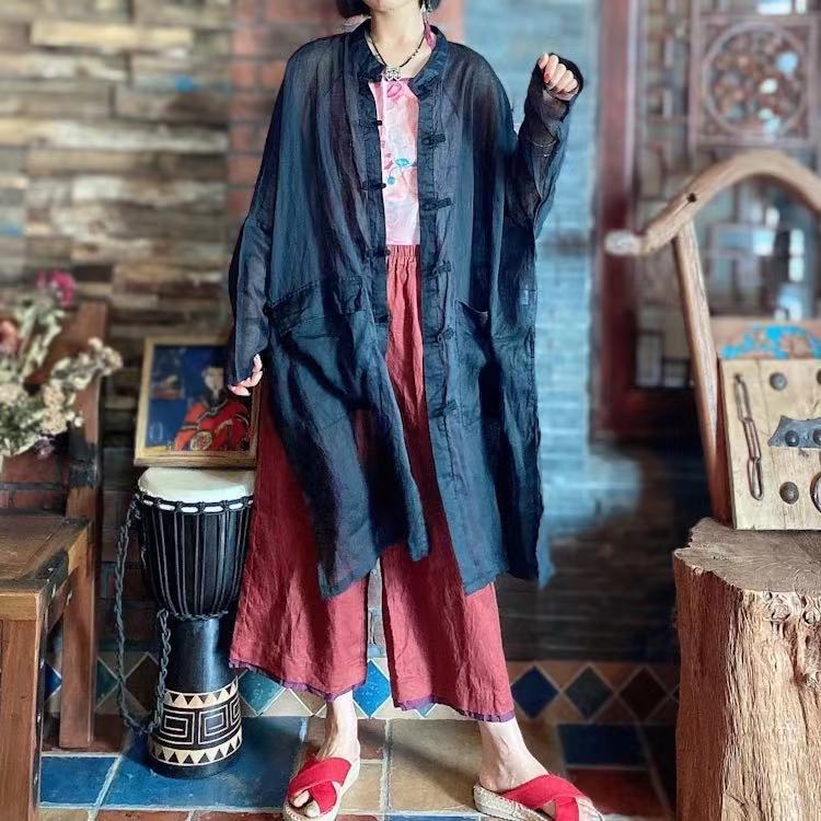 Johnature Women Vintage Long Shirts Stand Long Sleeve Button Patchwork Pockets Spring Chinese Style Blouses