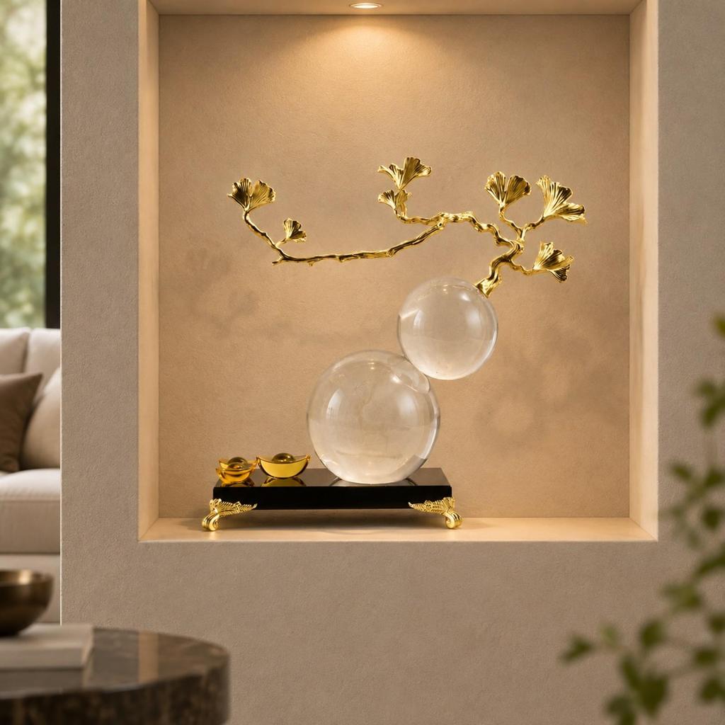 Crystal and Alloy Ornament Elegant Tone Ginkgo Sculpture with Base Refined for Office Desk, Console