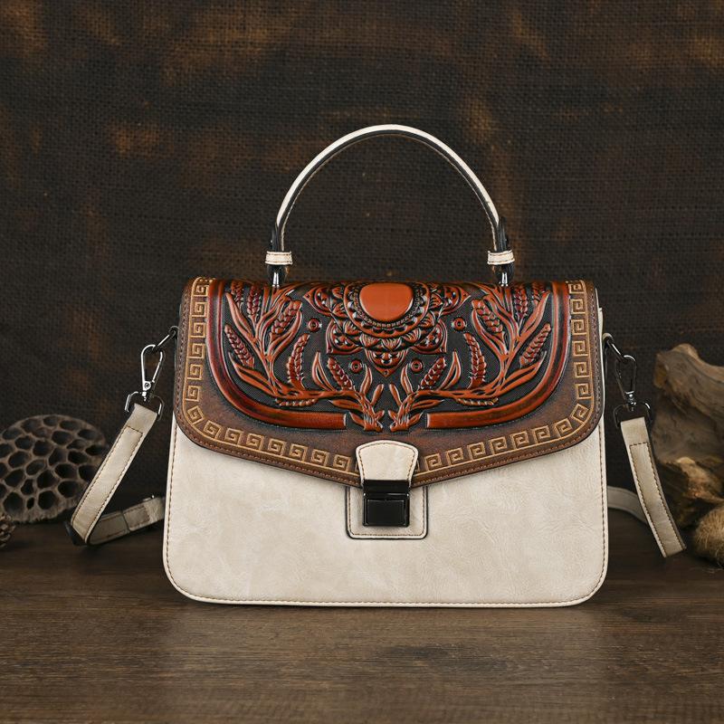 

Johnature Handmade Embossed Women Leather Bag Vintage Handbag Универсальные сумки через плечо и через плечо бежевый