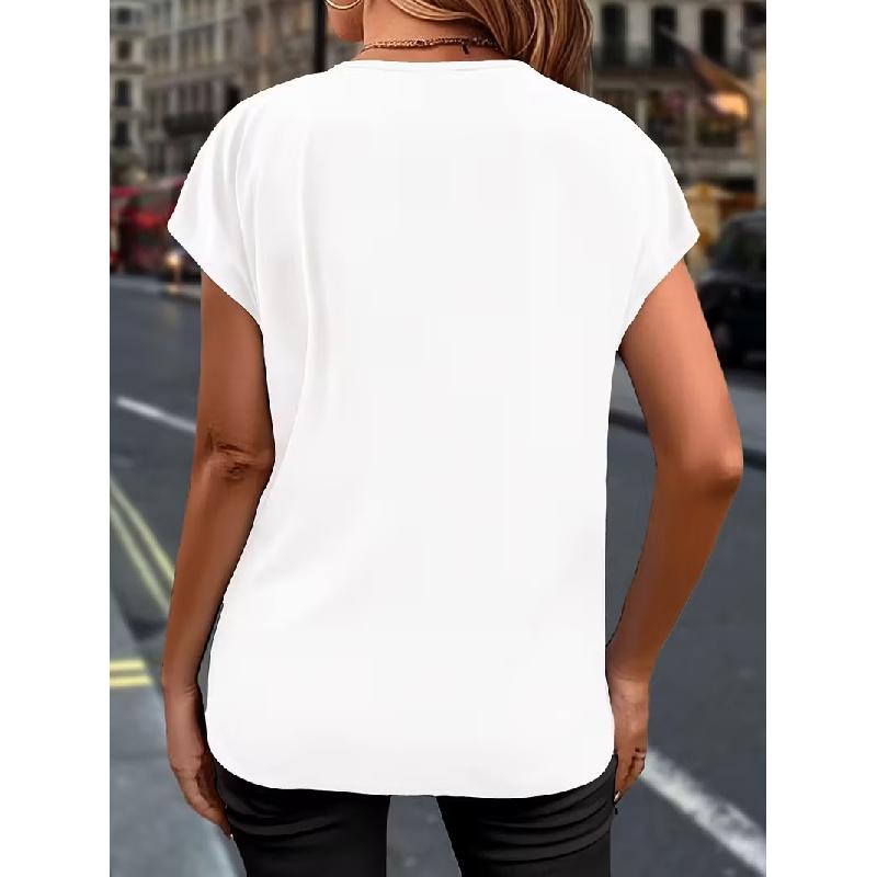 2026 New V-neck Ruffle Short Sleeve Chiffon T-shirt for Women, Summer Elegant Commuting Solid Color Top