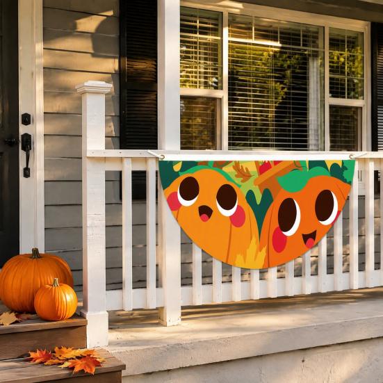 Thanksgiving Fan Flag Fall Bunting for Outside, 1.5 x 3ft Turkey Pumpkin Maple Outdoor Decorative Fans Leaf Pattern Hanging Banner, Harvest