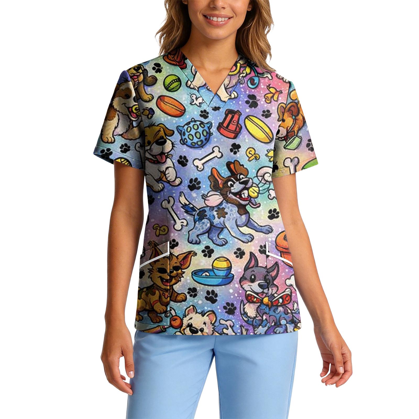 

Women s Stretch Quick-Dry V-Neck Short Sleeve Workwear Top with Animal Print & Pockets S