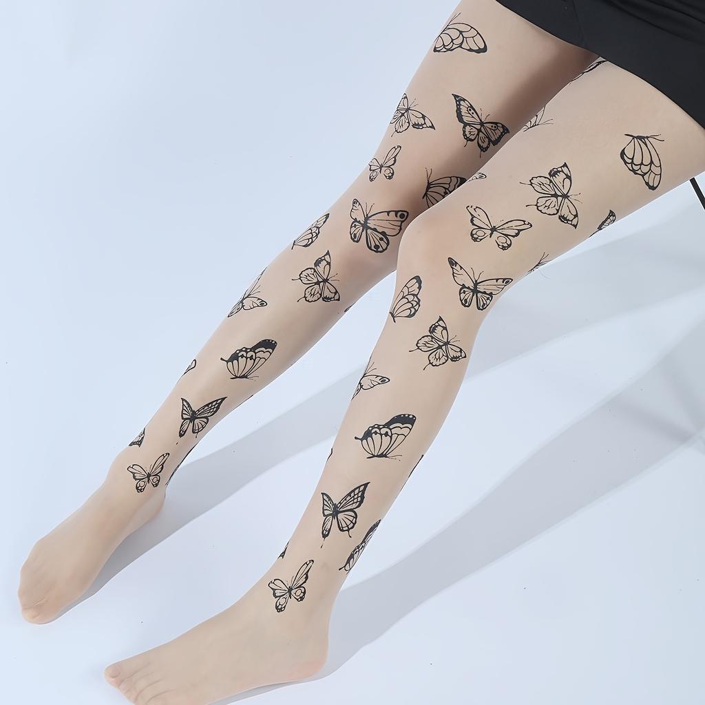 Women Fashion Butterfly Pattern Sheer Pantyhose, Sexy High Waist Thin Stockings, Breathable Soft Nylon Tights For Daily Wear & S