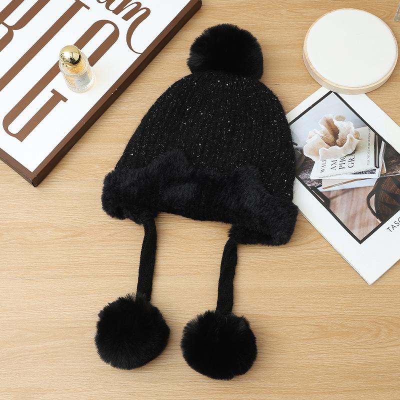 Autumn and winter hats, women's hairball knitted hats, fleece ear protectors, warm wool hats, fashionable and versatile bald hats