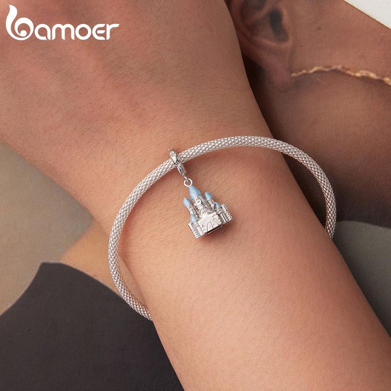 BAMOER 925 Sterling Silver Romantic Castles Pendant Pink Bow Spacer Beads Cross Faith Charm for Necklace DIY Jewelry Accessories