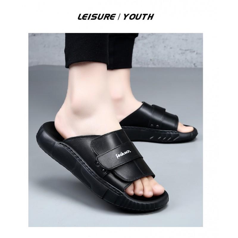 Herren Genuine Leather Slide Sandalen Outdoor Slip-On Flache Schuhe Mit Rutschfester Sohle