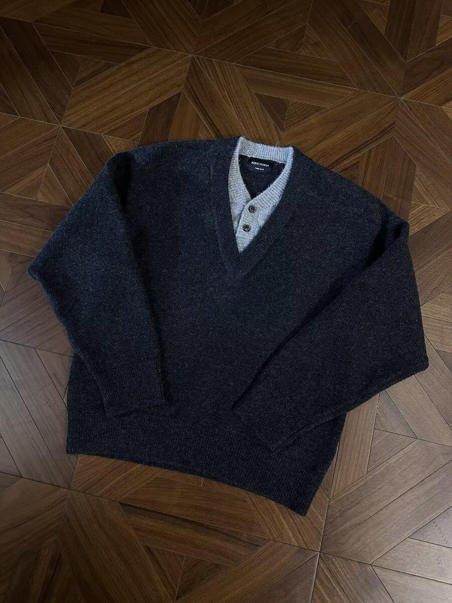 Vintage Style Textured V-Neck Men s Sweater - Retro Color Block Knitwear for Autumn/Winter XXL темно-серого