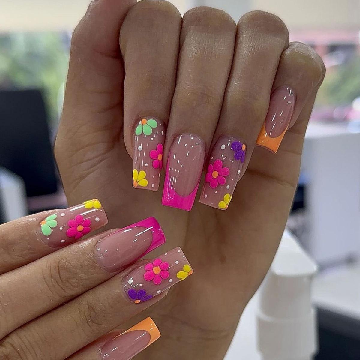 

Wearable Medium Rectangle French Tip Flower Print Removable Fake Nails