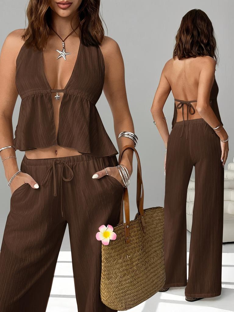 2-teiliges Bekleidungsset, bestehend aus einem trägerlosen Neckholder-Top und einer Hose mit weitem Bein und Kordelzug, geeignet für Freizeitkleidung, Damen-Strandmode
