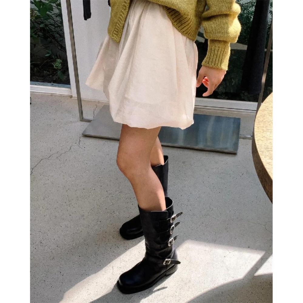 2025 New Autumn Round Head Retro Belt Buckle Boots Adjustable Thick Legs Simple Thick Heel Medium Tube Knight Boots