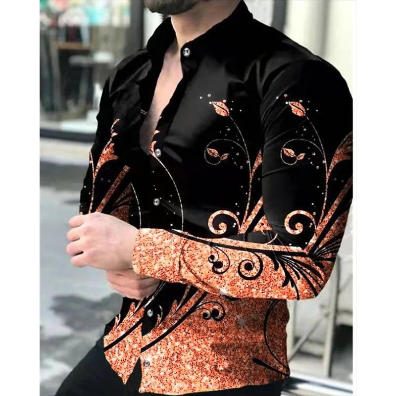 New business casual men's line 3D printed shirt formal spring and summer lapel long-sleeved XS-5XL stretch fabric shirt 2024