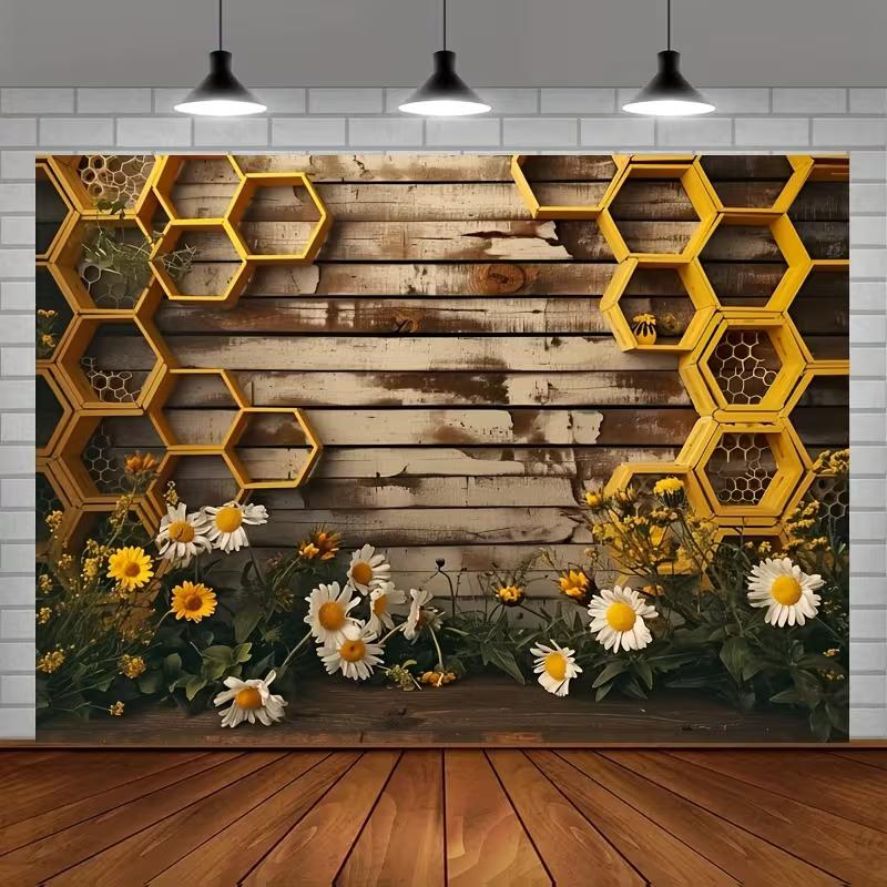 2D Wood Honeycomb Backdrop Bee & Wildflower Rustic Party and Festival Decoration
