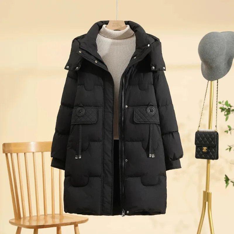 Women's Mid-Length Plus Size Warm Down Jacket, Beige/Black