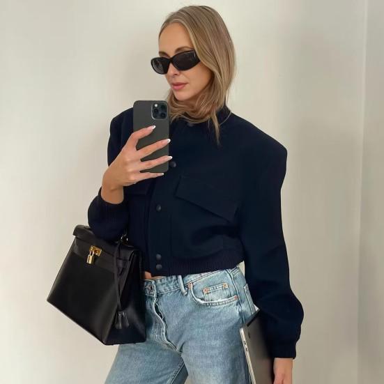 Fall Jackets for Women Oversized Lightweight Cropped Jacket Casual Button Down Stand Collar Short Coat with Pockets