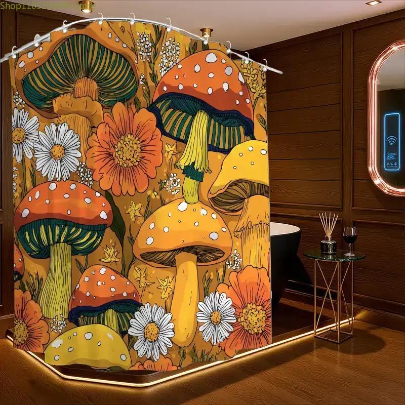 1pc Bathroom Shower Curtain, Wild Mushroom Picking and Cooking Day, Mushroom Picking Festival Shower Curtain, Includes 12 Hook