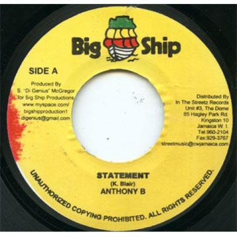 7inch Record ANTHONY B - Statement Big Ship 2010 Jamaica Reggae, Ska & Dub