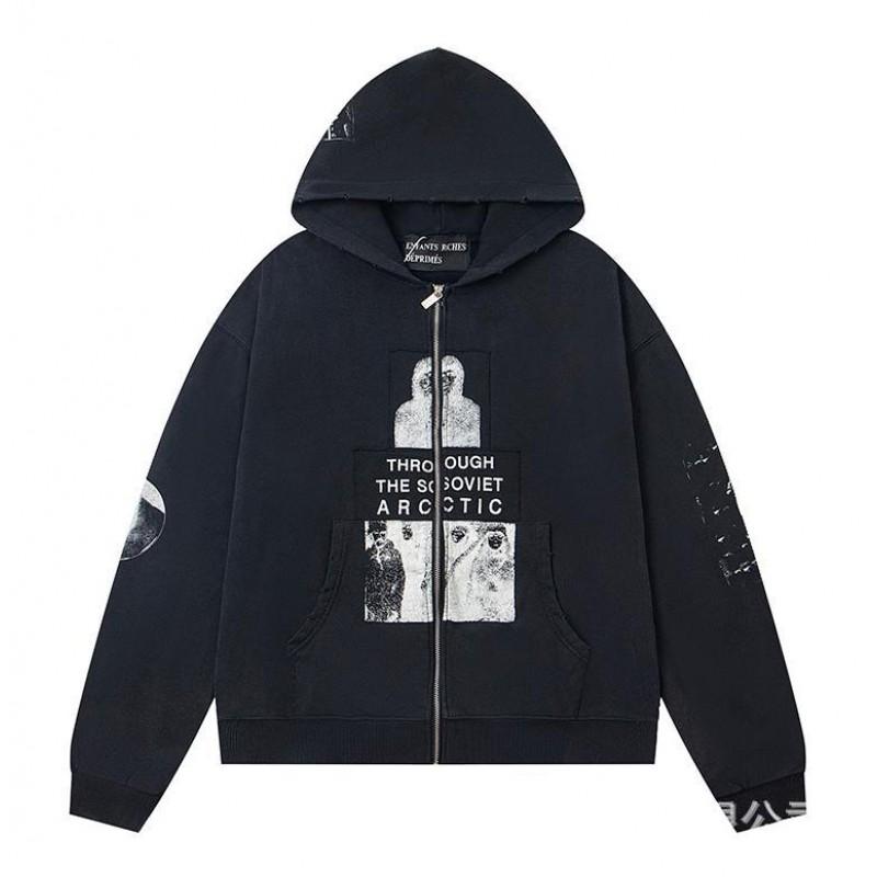 Erkek Geniş Kesim Pamuklu Kapüşonlu Fermuarlı Sweatshirt Sokak Giyim Günlük Harf Baskılı Uzun Kollu Tişört