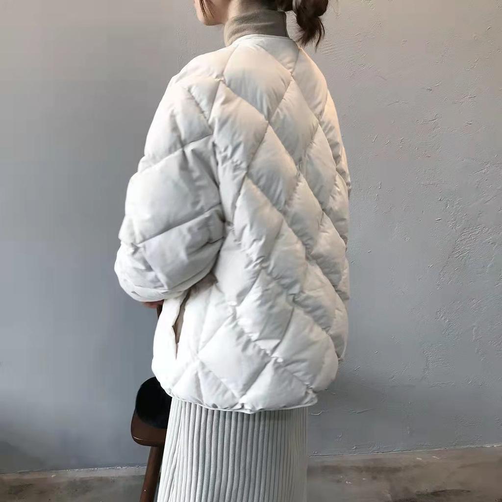 2025 Winter Women's Short Quilted Puffer Jacket, Diamond Pattern Collarless Down Cotton Coat