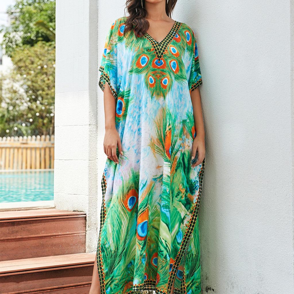 Women's Fashion Vacation Summer Spring Peacock Pattern Print 1/2 Sleeves V-Neck Casual Dresses