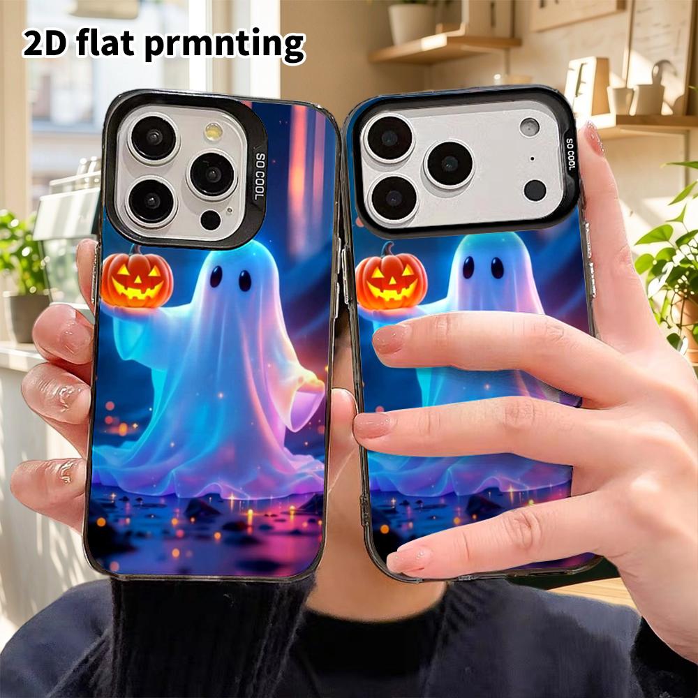 Phone Case: 2D flat, suitable for iPhone 18, 17, 16, 15, 14, 13 Pro in color silver protective case, couple style, pumpkin ghost, Christmas and Hallow