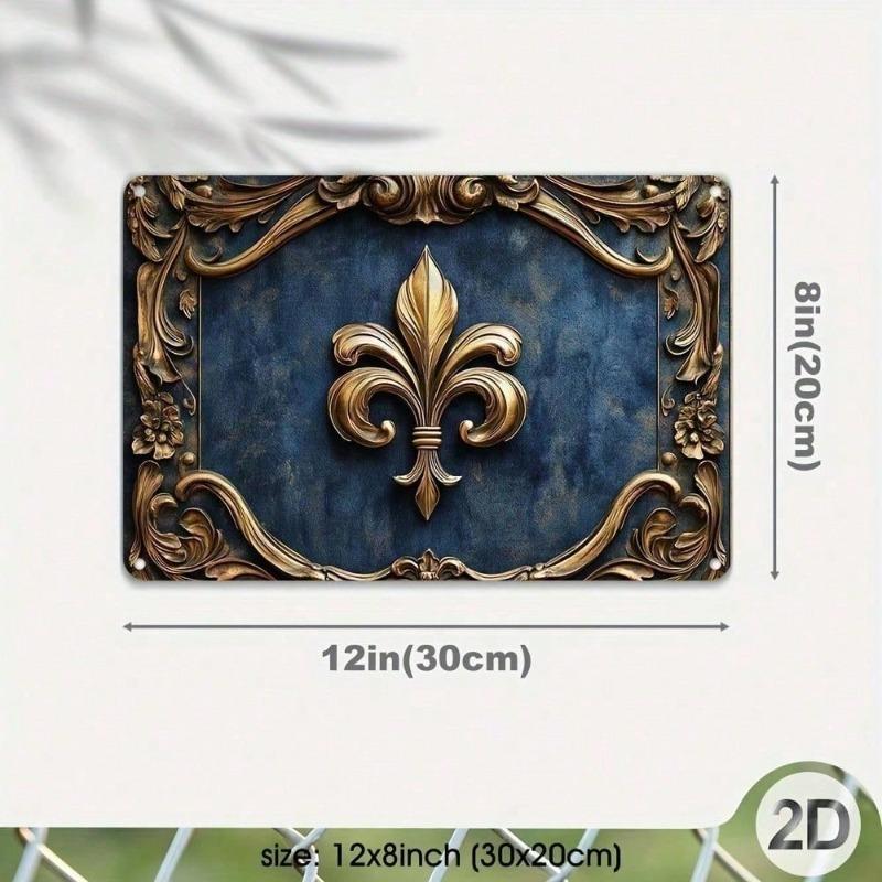 SHEIN SXY Vintage Metal Tin Sign Wall Decor 12x8 Inches, Retro Fleur De Lis 2D Flat French Country Kitchen Decor, Elegant Home A