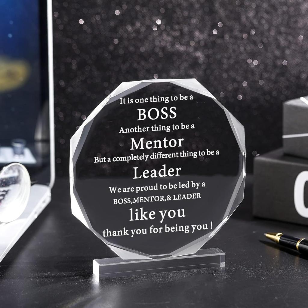 Yulejo Boss Gifts Acrylic Boss Day Gifts for Men Women Office Leader Going Away Gift for Appreciation Plaque Funny Work Acrylic Male Desk Sign