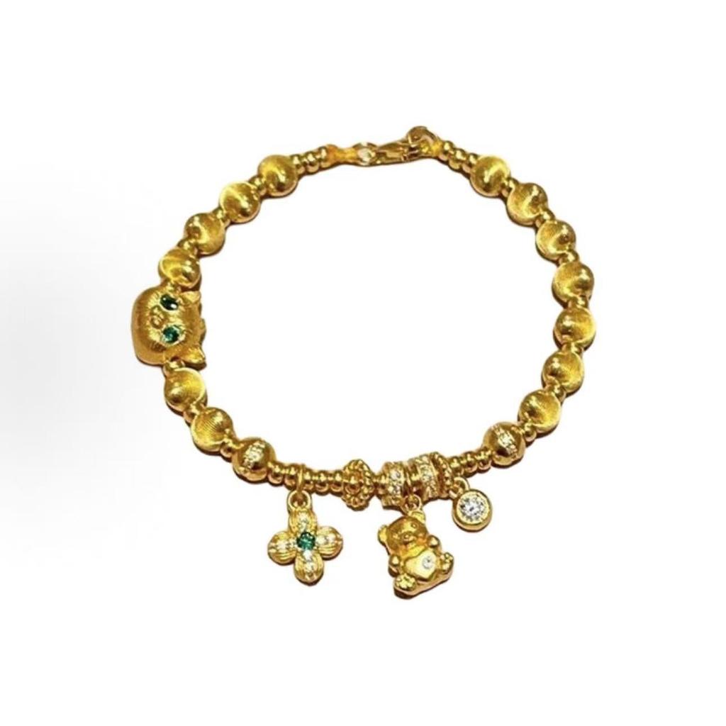 Emerald Green Four-Leaf Clover Kitten Bracelet - Luxury Women's Gold Style Bangle
