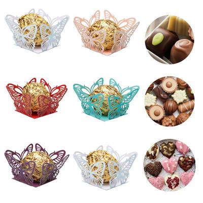 50 Stück Pralinenschachtel, hohles Design, dekoratives Papier, Schmetterlingsform, Hochzeit, Schokolade, Verpackung, Heimbedarf