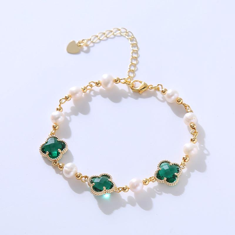 Браслет с жемчугом и четырехлистным клевером: Классический ретро женский корейский дизайн зелёный