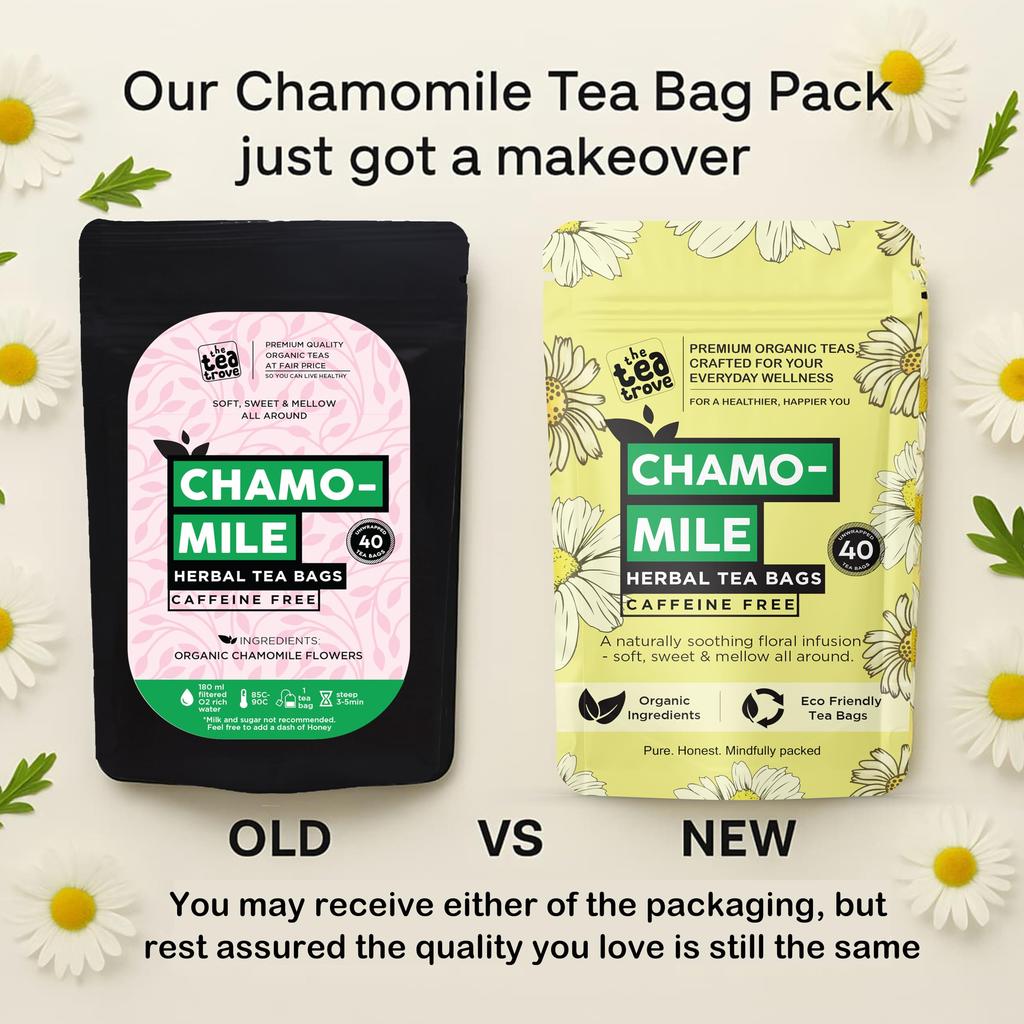 The Tea Trove Pure Chamomile Tea Bags Organic - 40 Eco-Friendly Caffeine Free Camomile tea in Resealable pouch - Steep Hot Or Iced | Pack of