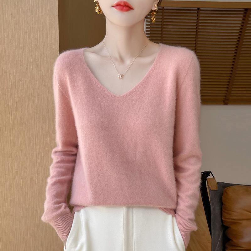 Pull en laine pour femme automne et hiver nouveau pull à col en V pull ample à manches longues en laine tricotée pull de base rose