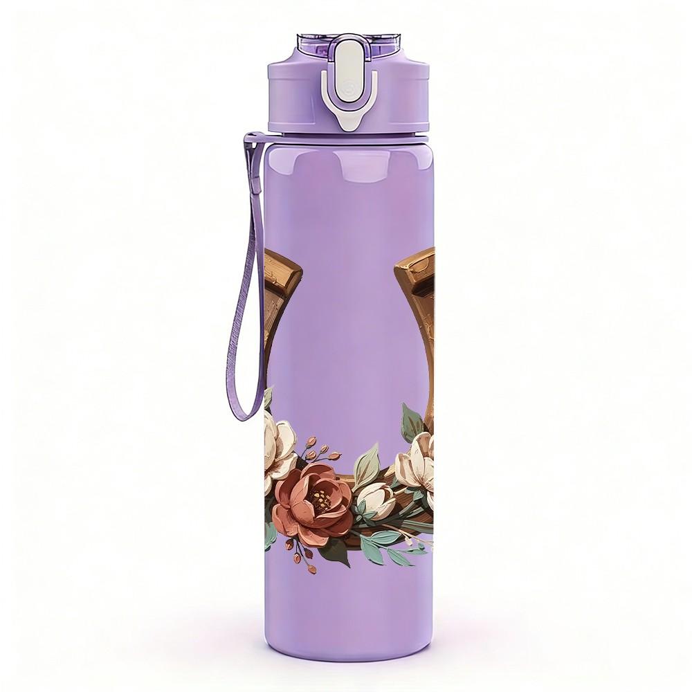 1PC Horseshoe With Floral Wreath 750ml Color Plastic Sports Water Bottle Leakproof Flip Straw Lid Suitable for Sports Office Home Use