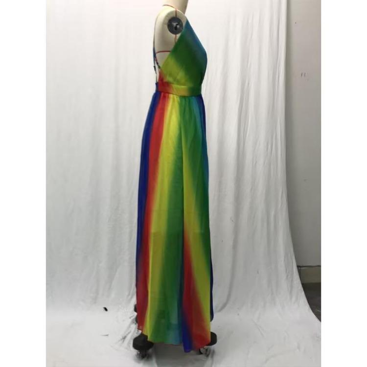 Deep V Halter Summer Casual Long Rainbow Dress Women