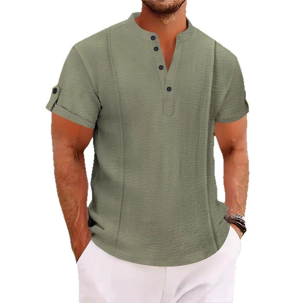 Letní ležérní pánská trička s krátkým rukávem, na knoflíky, plisovaná, jednobarevná