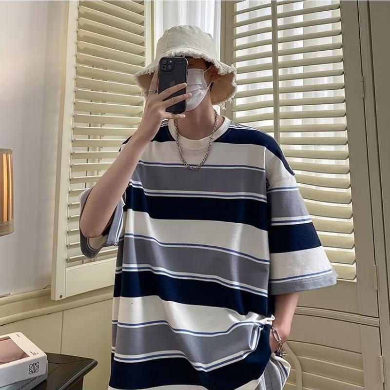 Новая полосатая футболка, мужская футболка с короткими рукавами, модная четырехсезонная свободная мужская футболка в японском студенческом стиле с половиной рукавов, с короткими рукавами M серый