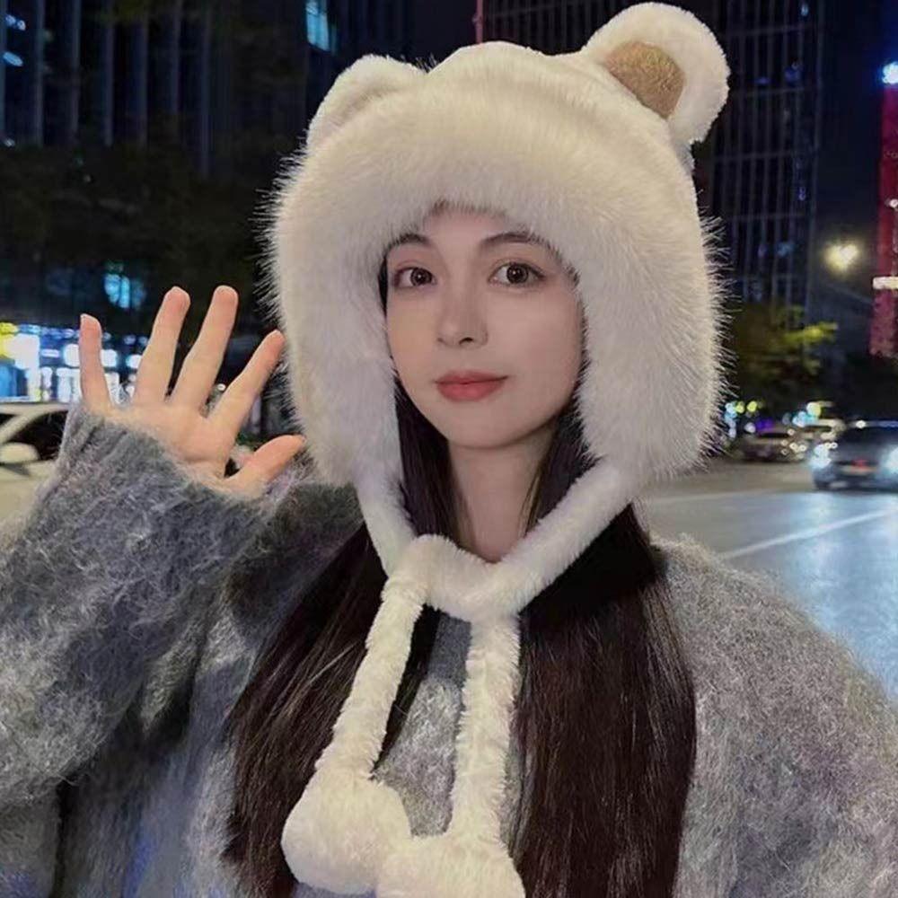 Windproof Bear Ear Fur Hat Thick Fisherman Hat New Cold-Proof Earflaps Cap  Women