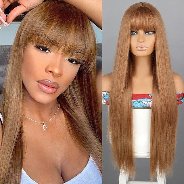 Oranžové syntetické paruky Dlouhé rovné paruky s ofinou pro ženy Růžově červená Cosplay Party Denně používejte přírodní vlasy