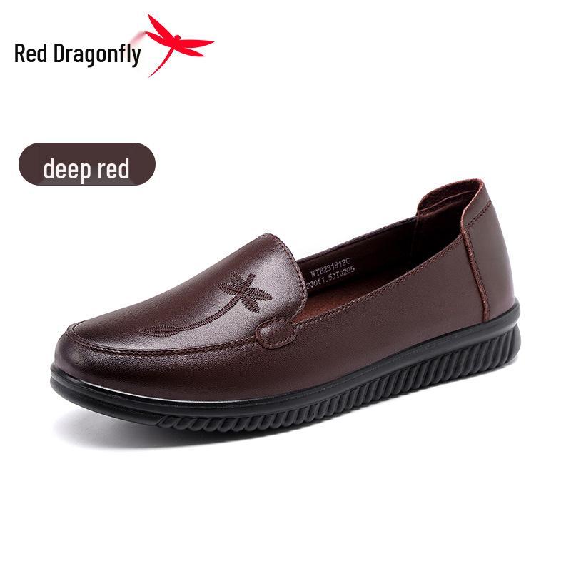 Red Dragonfly Women's Genuine Leather Slip-On Shoes - Comfortable Soft Sole for Spring, Ideal for Middle-Aged & Elderly
